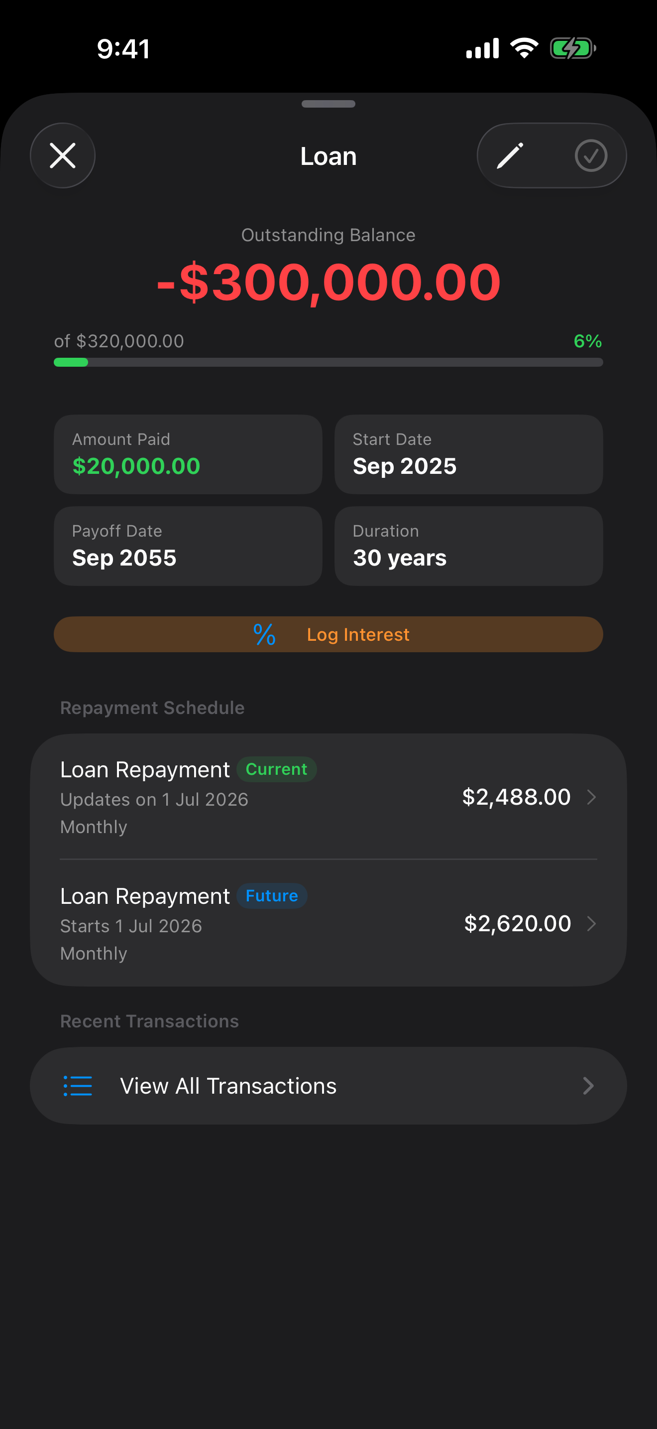 Loan tracking screen
