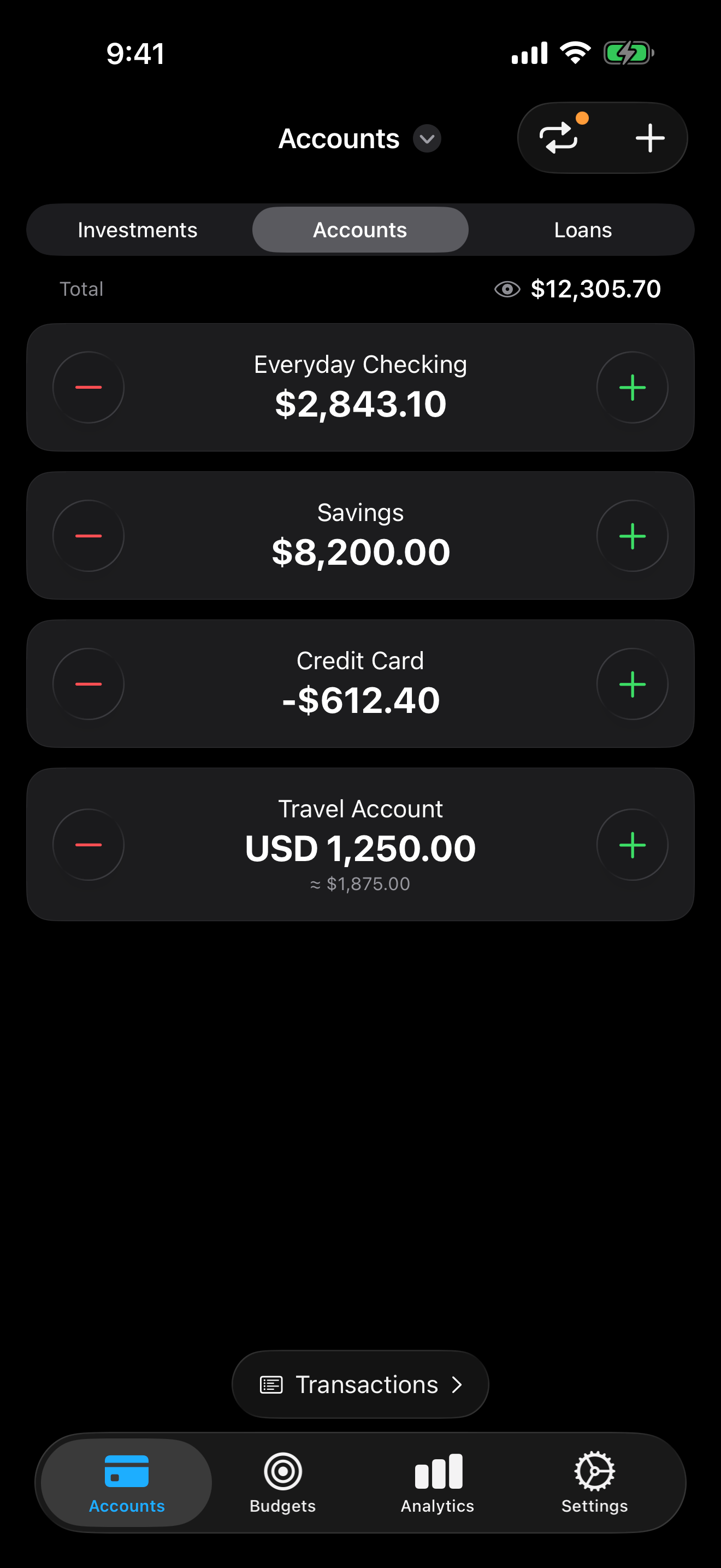 Accounts screen