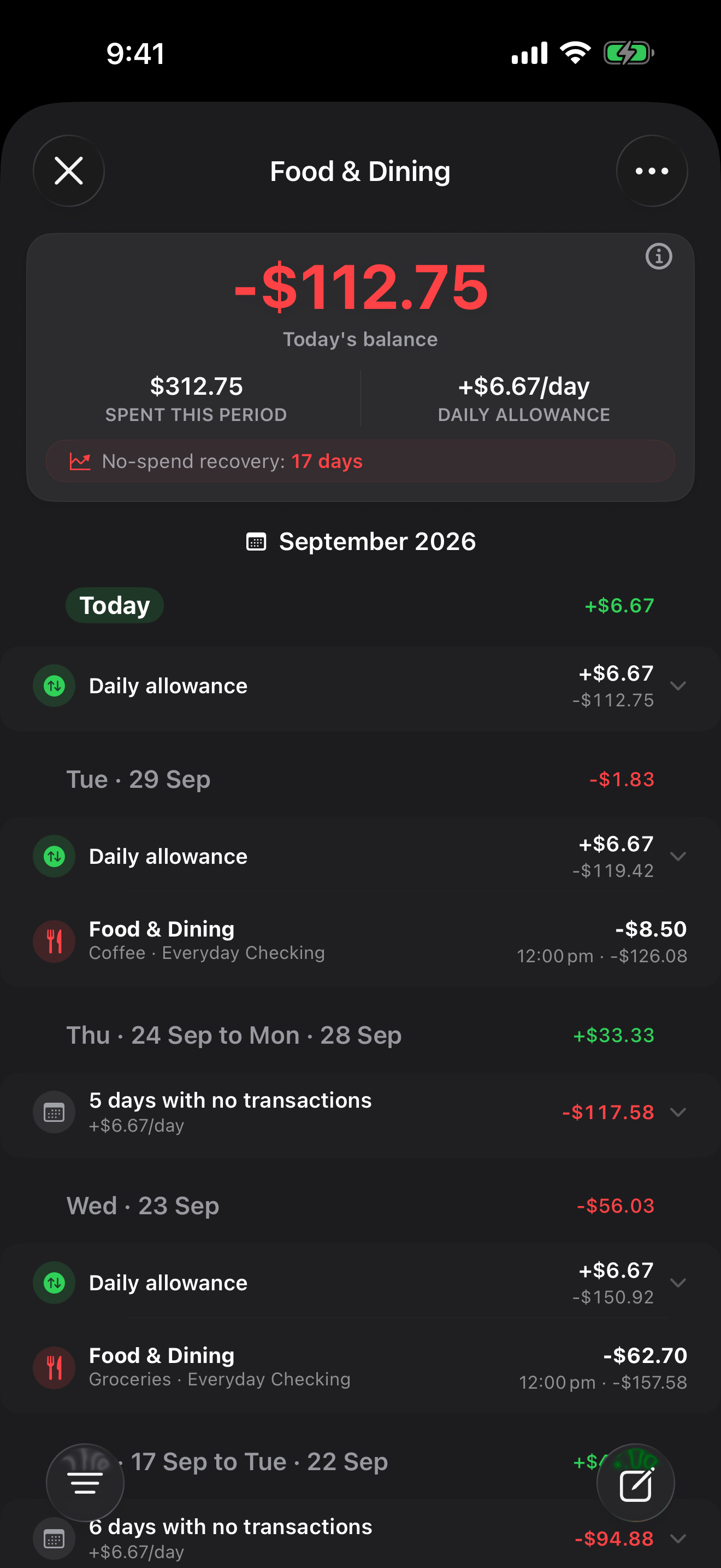 Spending pace alert screen