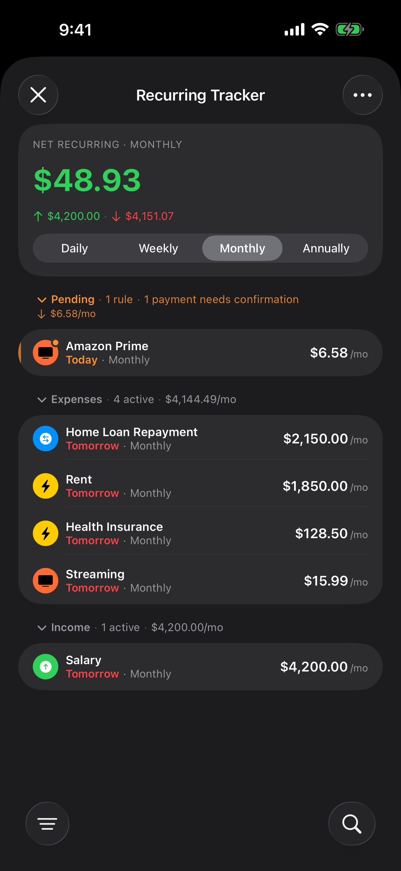 Recurring Tracker screen