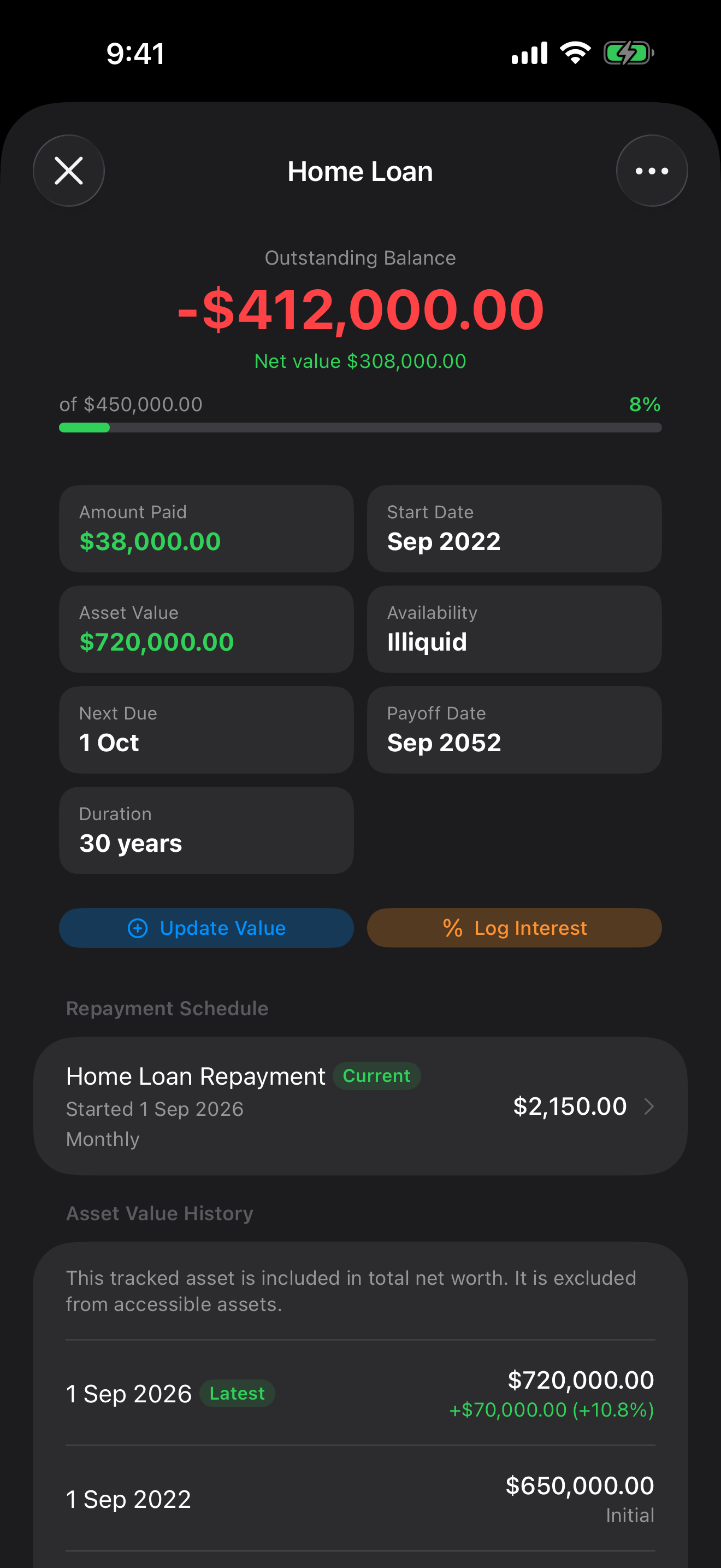 Loan tracking screen